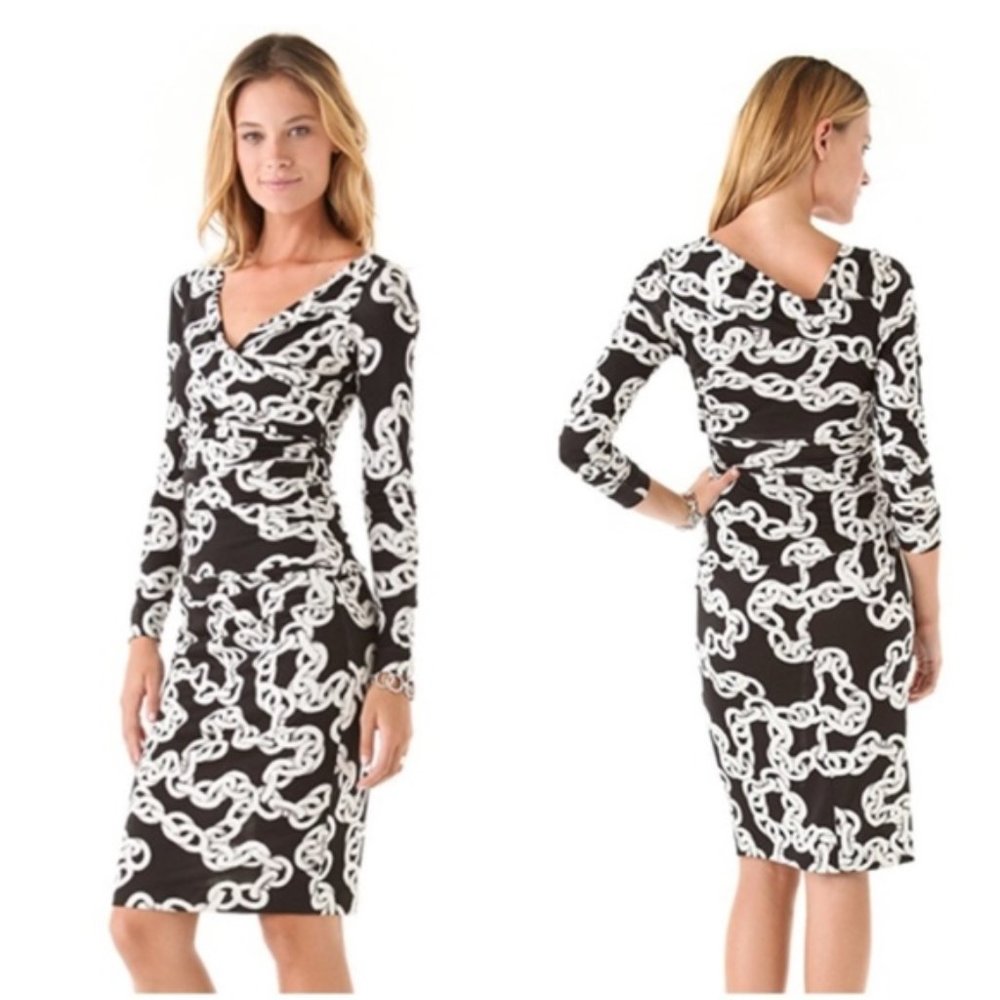 Diane Von Furstenberg Bentley Chain Link Silk Faux Wrap Knee Length Dress Black